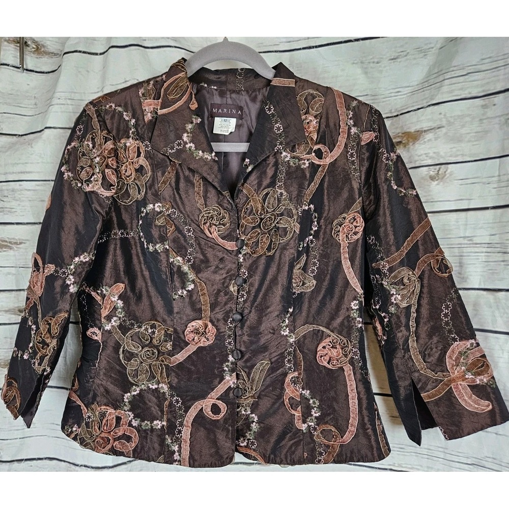 Marina Brown Satin Flower Ribbon Jacket 12 90s Cottagecore Romantic Y2K